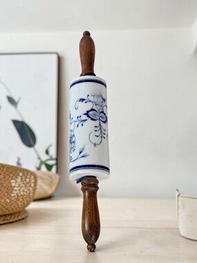 Rolling Pin Blue Onion Ceramic Floral Blue White Wood Handle